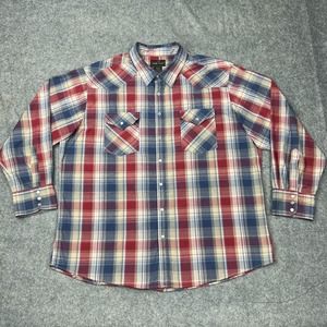High Noon‎ Shirt Men 2XL XXL Red Blue Plaid Pearl Snap Long Sleeve Western Ranch